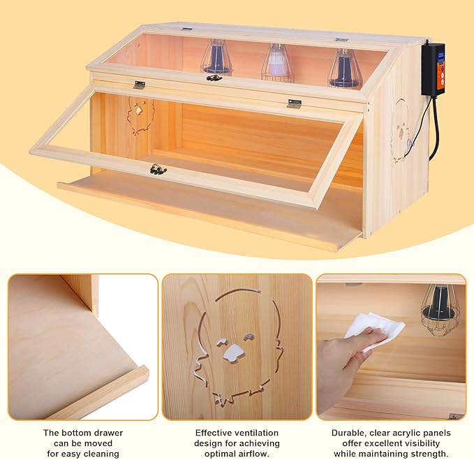 Large Drawers Brooder Box for Chicks, 32”L X 18”W X 16”H Chicken Nesting Box with Heat Lamp, Thermostat, Pet Diaper, Feeder, Waterer for Quails, Bunnies, Hamsters, Lizards