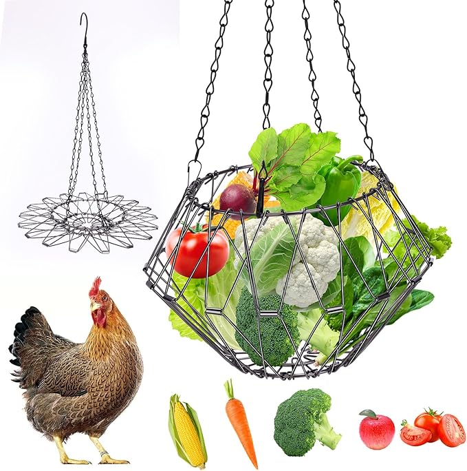 Hanging Chicken Treat Feeder, Fordable Chicken Vegetable Hanging Feeder for coop, Sturdy Chicken Treat Dispenser with 17 Inch Hanging Chain Chicken Accessories (M, 1PCS)