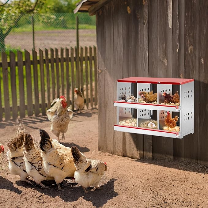Outvita Chicken Nesting Box, 6 Compartments Roll Away Nesting Boxes, 6 Room Wall Mountable Egg Laying Boxes for Hen, Red