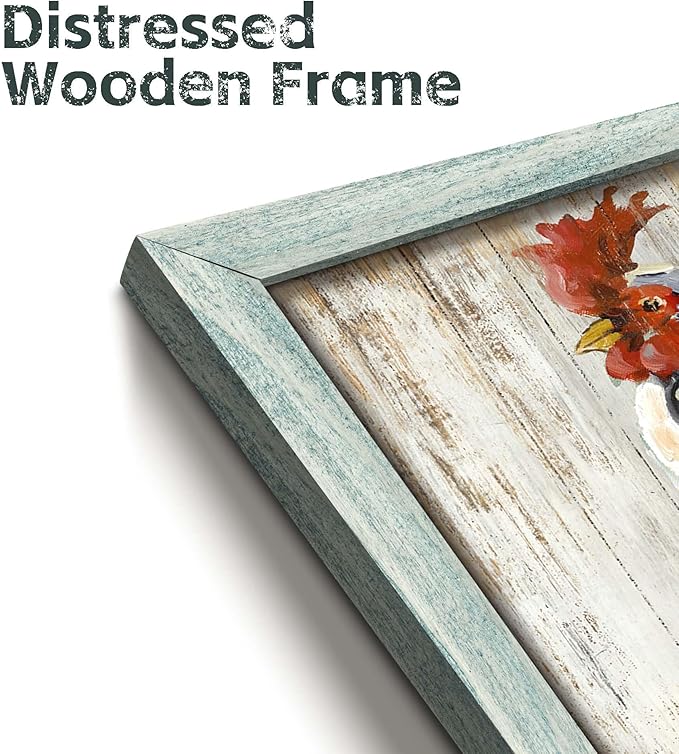 Farmhouse Animal Wood Wall Art: Rustic Rooster Framed Print Picture Farm Chicken Artwork Vintage Country Kitchen Home Painting Decor for Bedroom Living Room 12 x 12 Inches