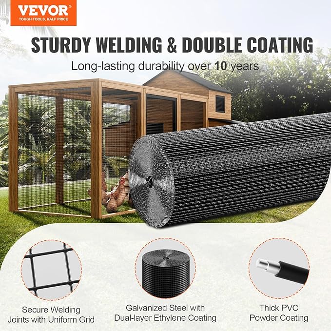 VEVOR Hardware Cloth, 48'' x 100' 1/2inch Galvanized Wire Mesh Roll, 19 Gauge Chicken Wire Fencing Roll, Vinyl Coating Metal Wire Mesh for Chicken Coop Barrier, Rabbit Snake Fences, Poultry Enclosures