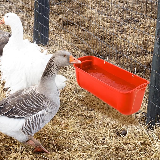 Cedilis 4 Pack Hanging Duck Feeder, Chicken Fence Feed Trough with Clips, Poultry Livestock Food Water Feeding Container for Goat, Goose, Rabbits, Sheep, Each Feeder 2.5 Quarts