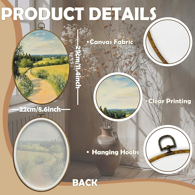 CUANFDDSF Vintage Country Landscape Oval Wall Art Decor, Farmhouse Countryside Wall Hanging Decor, Rustic Natural Cottagecore Scene Framed Canvas Prints for Home Bedroom Living Room, 8.6x11.4 Inch