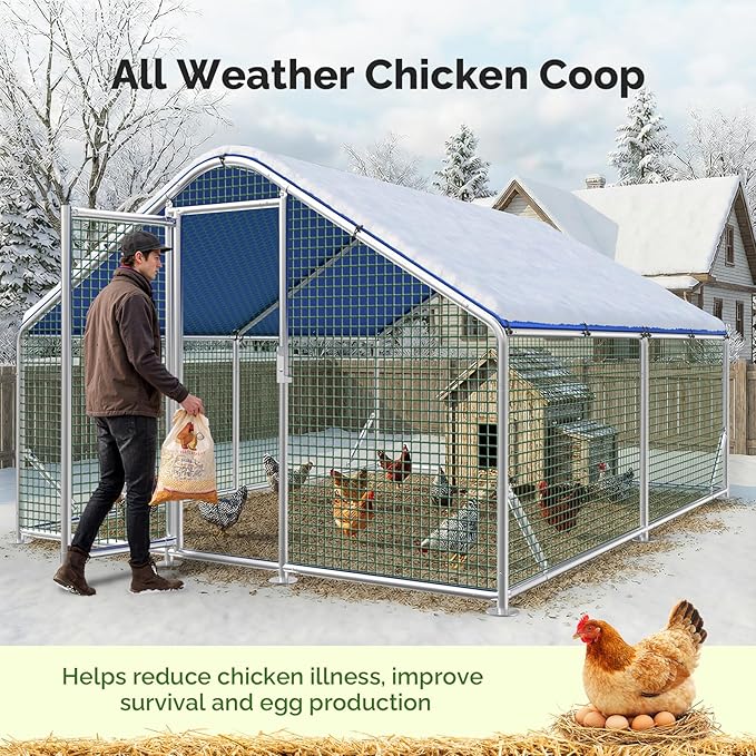 Large Metal Chicken Coop Run with Heavy-Duty Hardware Cloth for 20 Chickens/Ducks, Chicken Runs for Yard with Waterproof Cover, Chicken Enclosure Pen Outdoor, Walk-in Poultry Cage
