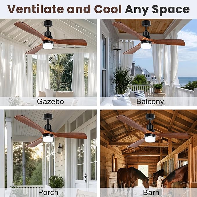 Outdoor Ceiling Fan with Light & Battery, 52" Solar Ceiling Fans for Outside 3 Speeds, Quiet Wood Walnut Fan with Adjustable Thermostat for Gazebo, Patios
