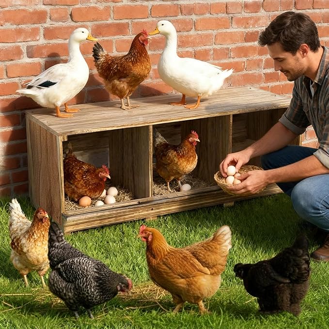 Wooden Chicken Nesting Boxes - 3 Compartment Poultry Nest Box, Lightweight, Front & Rear Ventilation, Easy to Clean & Install, Wall/Floor Mount for Laying Hens Ducks