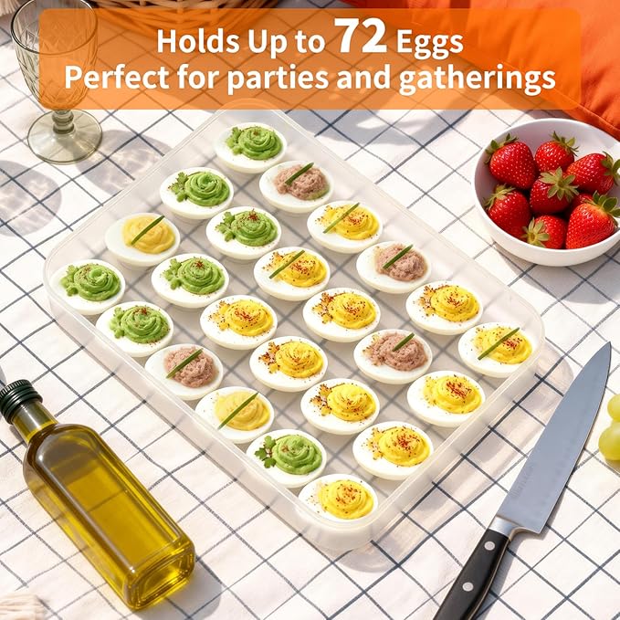 77L Deviled Egg Containers with Lid, Set of 3 Stackable Egg Carriers, Holds 72 Eggs for Refrigerator, Clear Trays for Parties & Holidays