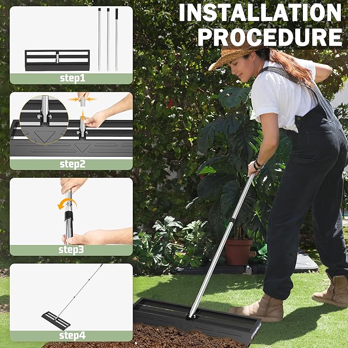 Lawn Leveling Rake 45x10 inch, Leve Lawn Tool with Stainless Steel, Lawn Leveler 27-80" Adjustable Handle, Yard Leveling Rake Heavy-Duty for Garden, Golf Course, and Farm