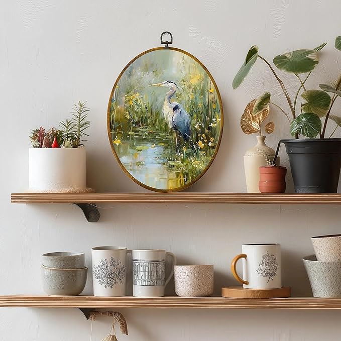 zewepri Egret Oil Painting Style, Landscape Art Print, Bird Painting, 8.6×11.4 Inches High-Density Canvas with Pre-Installed Hook, Ideal for Bedroom, Living Room, Study, and Gift for Art Lovers