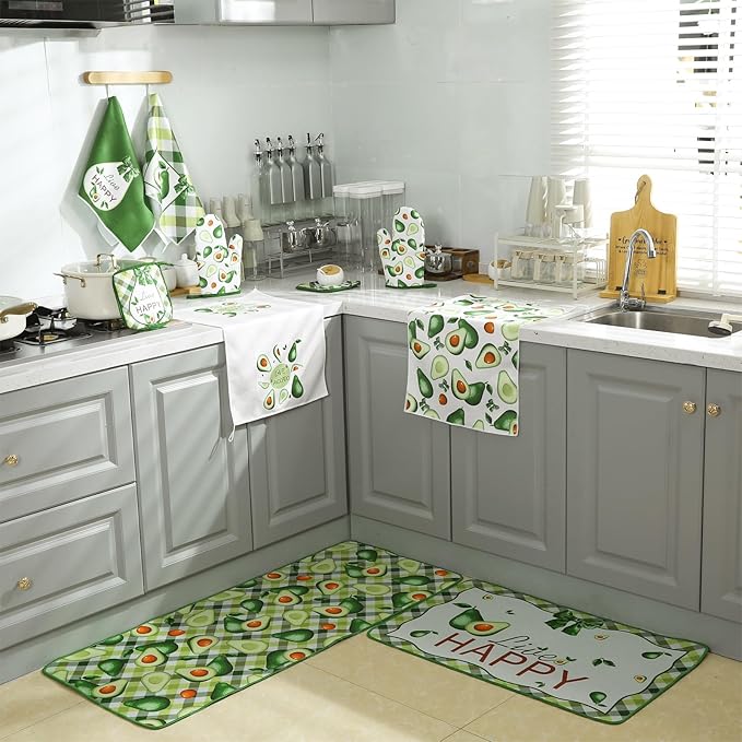 10 Pcs Avocado Farmhouse Kitchen Decor Set Dish Towels Kitchen Rugs Oven Mitts and Pot Holders Set for Cooking Baking Grilling Women Mom Daughter Gift(Green)