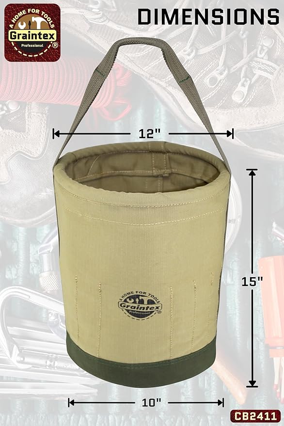 Graintex Tapered Canvas Bucket 12"x10"x15", Utility Tool Bucket 16 Inside Pockets, Reinforced Base & Carry Handle, Ripstop Canvas, Multi-Purpose Bag for Jobsite & Home Use for Tool Storage Solutions