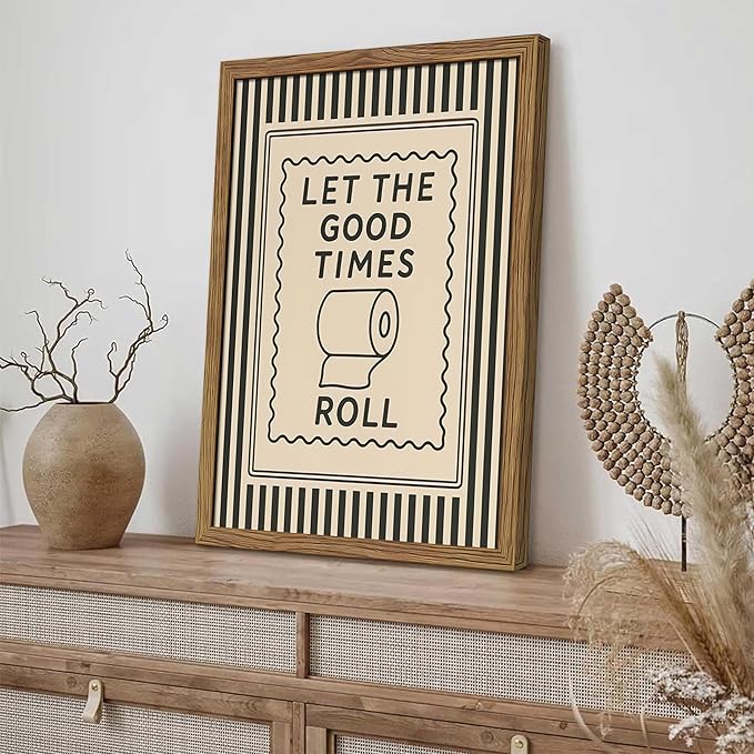 Framed Let The Good Times Roll Bathroom Print, Vintage Funny Toilet Quote Canvas Wall Art, Stripes Bathroom Picture Poster, Downstairs Toilet Painting Wall Decor 8x10 inch