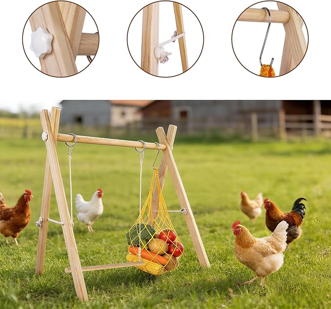 Chicken Perch & Swing Set for Coops, Wooden Roosting Bars with Feeding Net, Easy Assemble Chicken Coop Accessories for Backyard Poultry