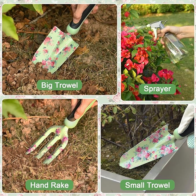 Gardening Tools, WisaKey 10 Piece Heavy Duty Garden Tools Set with Handle, Durable Fashion Garden Organizer Handbag, Ideal Gardening Gifts for Women