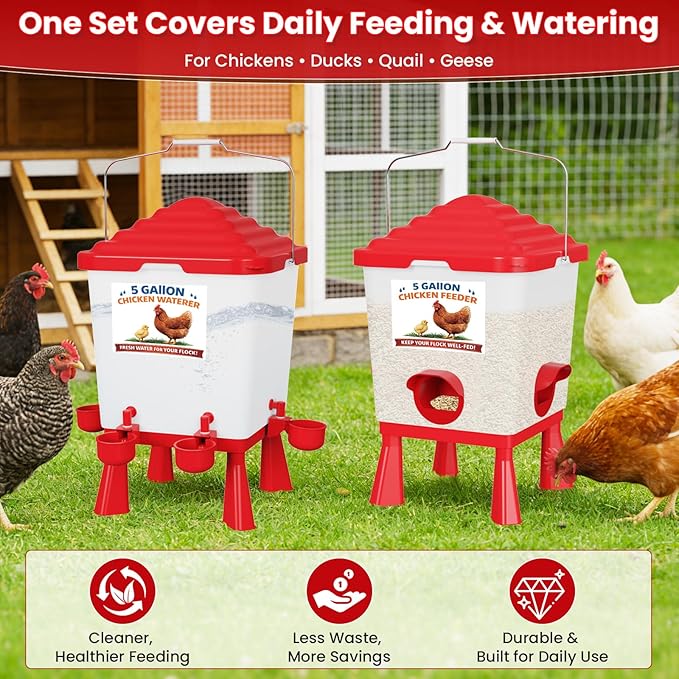 Chicken Feeder and Waterer Set, 5 Gallon Automatic Chicken Waterer with Cups, 40LB Large Chickens Feeders No Waste, Chicken Coop Accessories, Poultry Feeder & Chicken Watering System for Ducks, Quails