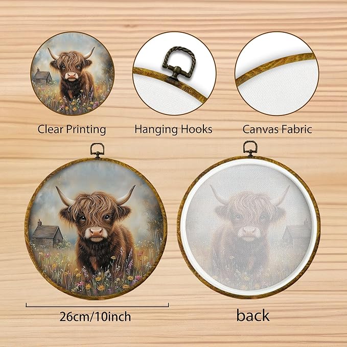 Hiuwevt Rustic Highland Cow Round Wall Art Decor, Cottagecore Wildflower Western Cow Framed Canvas Prints, Farm Animal Cattle Round Wall Hanging Decor for Home Bedroom Decorations, 10x10 Inches