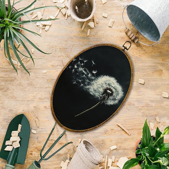 Hiuwevt Dandelion Oval Wall Art Decor, White Flower Modern Rustic Framed Canvas Prints, Dandelion Farmhouse Wildflower Oval Wall Hanging Decor for Bedroom Home Decorations, 8.6x11.4 Inches