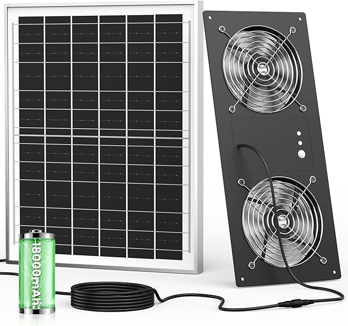 Solar Powered Fan with Battery & Timer, 40W 18000 mAh 3500RPM High-Speed Small Solar Exhaust Fan for Chicken Coop, Greenhouse, Shed, Vent, Doghouses, Windows, Outside Rainproof