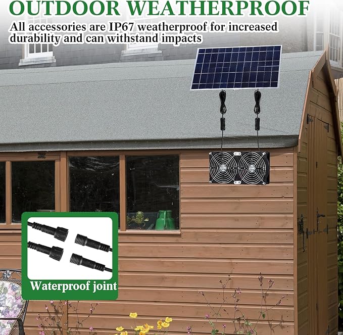 2 Set 20w Solar Powered Fan Kit for Chicken Coop IP67 Waterproof Dual Solar Greenhouse Fan 3500 RPM High Speed Exhaust Fan with 10ft Cable for Shed Pet House Window Outside Inside