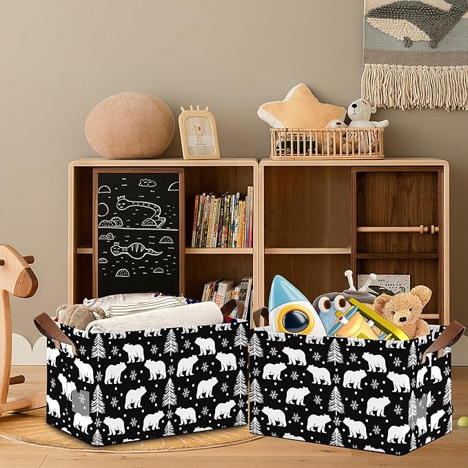 Bear Forest Collapsible Storage Box,Snowflake Winter Organizer Bin with Handles for Room Decoration,Bins Book Basket Box 17x11.5x10Inch