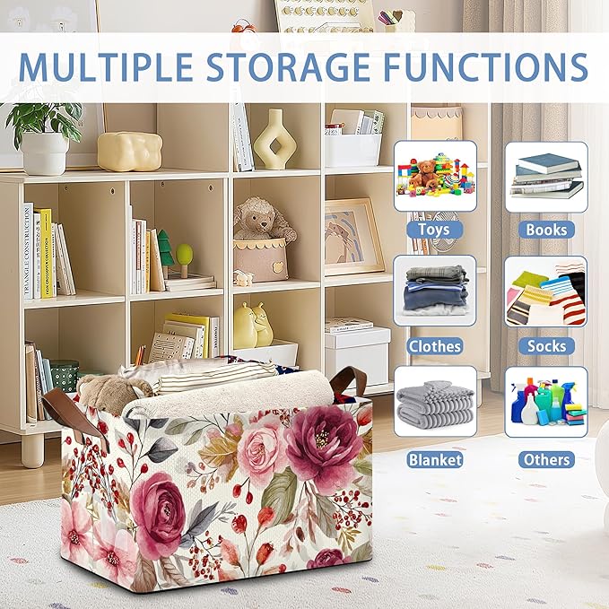 Vintage Pink Flower Storage Baskets,Foldable Large Capacity Organizer Bins with Waterproof Lining and Leather Handles for Closet,Shelf,Bedroom 17x11.5x10Inch