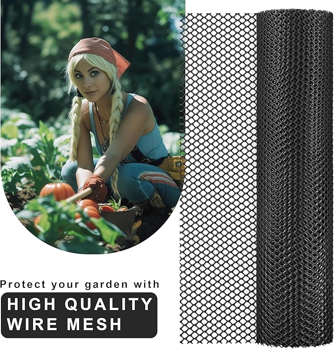 15.7IN x 11FT Black Chicken Wire mesh,Comes with 20 Twist Ties and Gloves,Plastic Chicken Wire Fencing,Poultry Netting,Poultry Fence,Chicken Wire for Crafts,Plastic Garden Fencing,Floral Chicken Wire