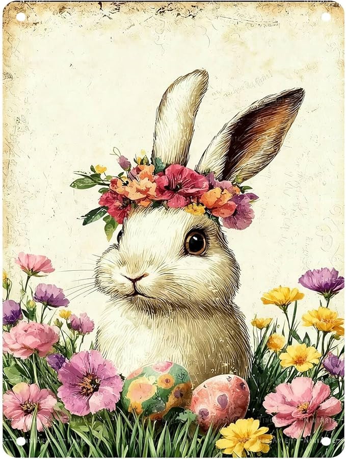 Fun Easter Bunny and Flower Tin Signs Easter Metal Decorations for Hallways Homes Living Rooms Gardens 12X16Inch
