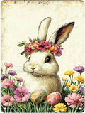 Fun Easter Bunny and Flower Tin Signs Easter Metal Decorations for Hallways Homes Living Rooms Gardens 12X16Inch