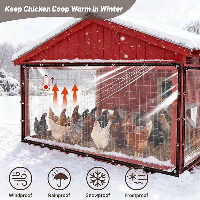 UNIFAMILY Chicken Coop Covers for Winter, Clear Tarp for Chicken Coop, Waterproof Chickens Run Cover with Rope & Cable Tie, Insulation Windproof Winterizing Cover for Poultry Patio