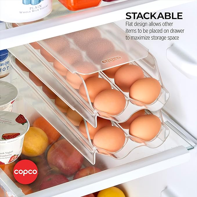 Copco Roll Down Egg Bin with Removable Lid - Space-Saving, Clear Egg Organizer for Refrigerators - Holds Up to 14 Eggs