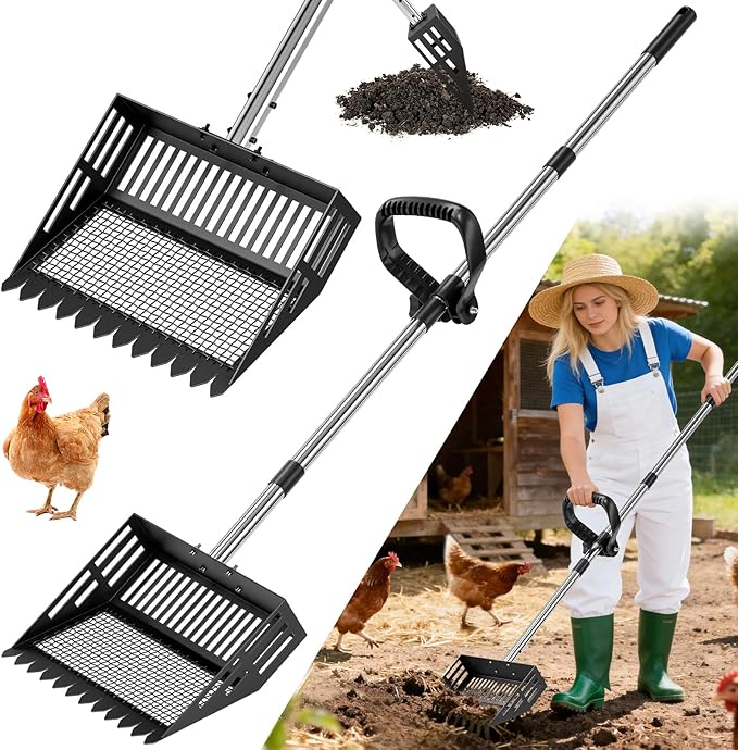 2-in-1 Chicken Poop Scooper & Rake with Ergonomic Non-Slip Handle, Adjustable Stainless Steel Handle (36–63"), Litter Cleaning Tools for Chicken Coop Farm Animals
