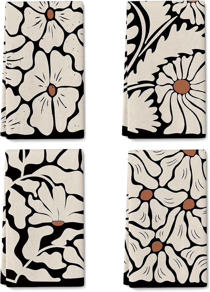 Boho Floral Kitchen Towels Decorative Set of 4, Black Geometric Dish Towel, Beige Decor Hand & Tea Towels for Kitchen Drying, Housewarming Gifts for Women
