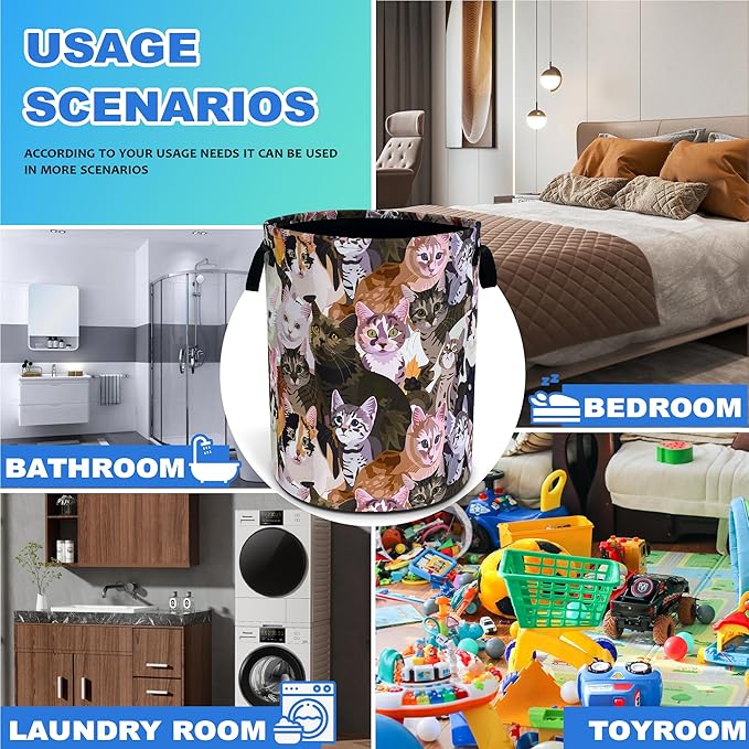 Cat Laundry Basket Oxford Cloth Funny Kitten Face Laundry Hamper With Handle Foldable Portable Clothes Storage Basket 18.9 X 16.5 In Storage Bag For Laundry Room/Bathroom/Bedroom/Dormitories