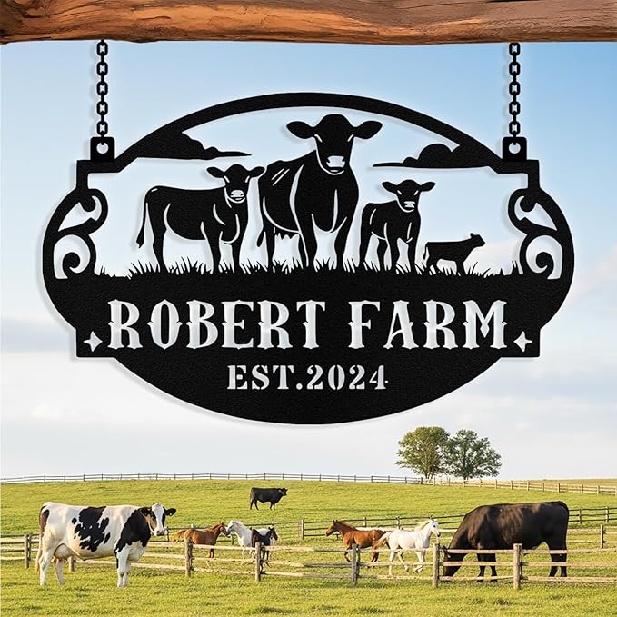 Personalized Farm Cow Calf Signs, Custom Ranch Sign, Customized Farm Metal Signs Outdoor, Custom Large Hanging Family Name Cow Sign for Farms, Ranch, Barn, Farmhouse