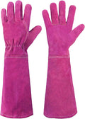 HANDLANDY Ladies Leather Gardening Gloves, Thorn Proof Women Rose Pruning Garden Yard Glove, Heavy Duty Long Sleeve Gloves (Small, Rosy)