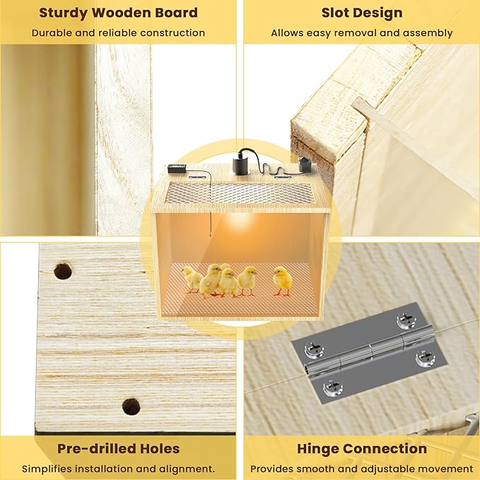 Chicken Brooder Box for Chicks Starter Kit, 16 Inch Wooden Chicken Brooder Box with 75W Heating Lamps, Thermometer and Tin Foil, Poultry Breeding Kit, for 5-7 Chicks Ducks Quail Hamsters