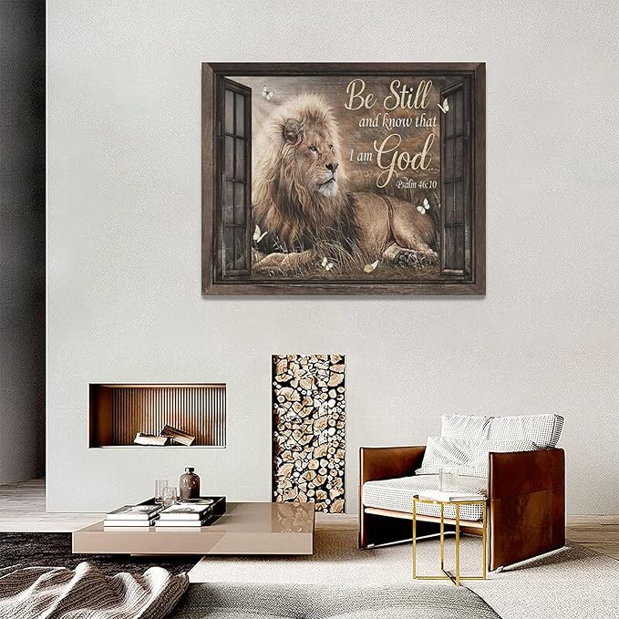 banonaty Lion Wall Art Rustic Farmhoues Christian Decor Of Judah Pictures Canvas Prints Artwork Inspirational Psalm Scripture Gifts Home Decorations For Bathroom Kitchen Office Framed 20''x16''