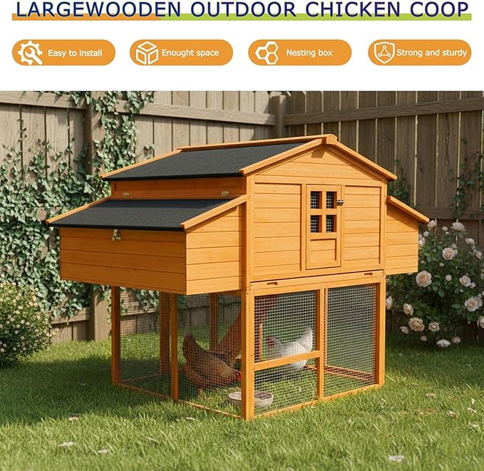 Pavilion 70" Large Outdoor Wood Chicken Coop for 6-8 Hens, with 2 Nesting Boxes, Leakproof Pull-Out Tray & PVC Curtains, Secure Walk-in Run with UV-Resistant Roof for Backyard Poultry