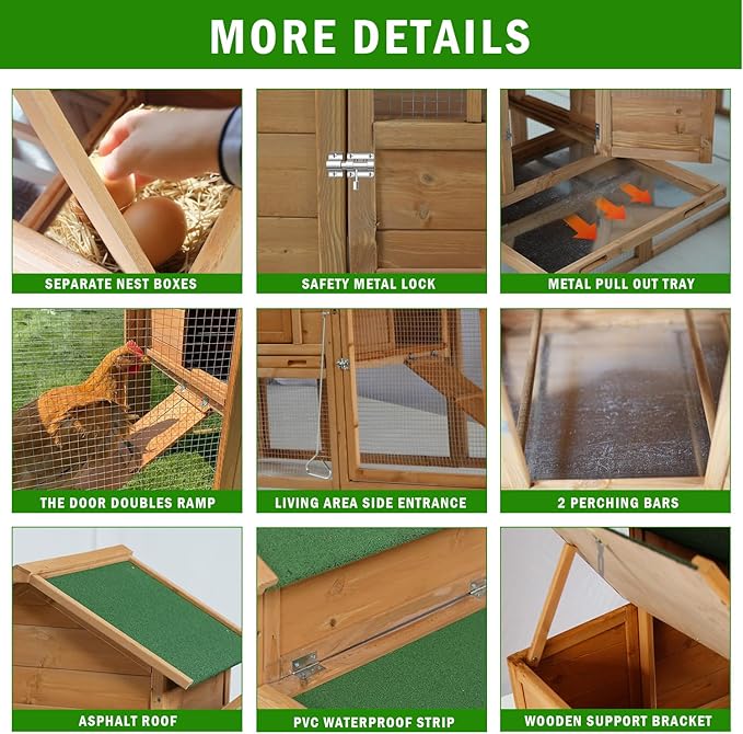 80" Large Chicken Coop, Waterproof Outdoor Hen House for 2-4 Chickens, Wooden Chicken House with Nesting Box, Removable Tray, PVC Cover, Run, for Garden Backyard Cage