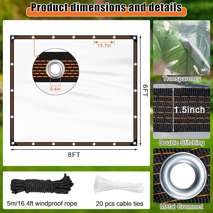 ZYP 6x8 FT Heavy Duty Clear Waterproof Tarps Outdoor Garden Rainproof Covering,Clear Vinyl Tarp with Grommets,Transparent Waterproof Tarpaulin for Covering Henhouse Porch Canopy Plant Camping