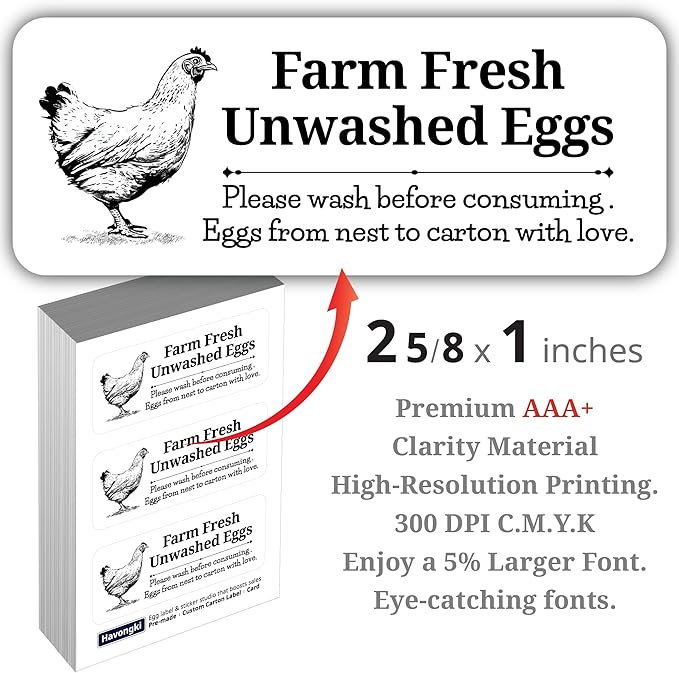 120 Chicken Egg Carton Labels Stickers | White | Farm Fresh Eggs | 4 6 12 15 18 30 48 50 Count - Basket Box Container Extra Organizer Farm Supplies, 66mm x 26mm