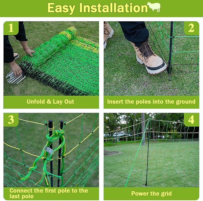 Solar Powered Electric Fence, Electric Poultry Netting, Electric Anti-Predator Poultry Fence, with 14 Posts Double Spiked, 35.4" H*164' L, for Ranches, Farms, Backyards