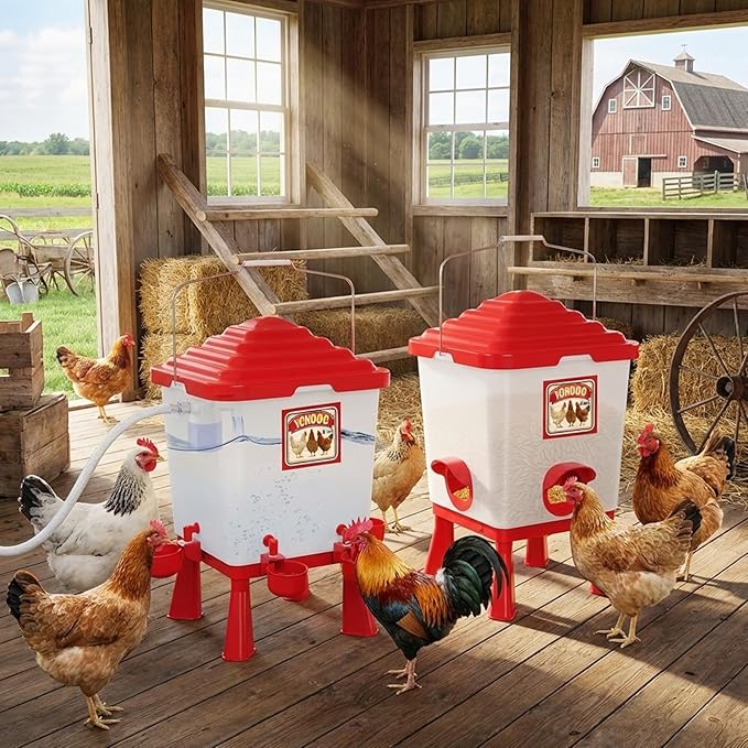 5 Gallon/26 Pounds Automatic Chicken Feeder and Waterer Set, Chicken Waterer with Automatic Float Valve, No Waste, Rain Proof Poultry Feeder, Chick Coop Accessories, for Chicken, Duck, Turkey
