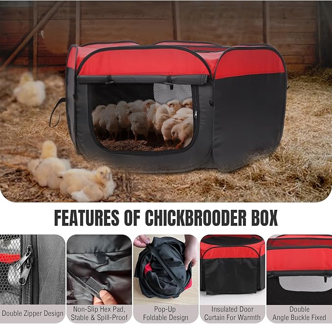 Brooder Box for Chicks Starter Kit - Pop-Up,Collapsible & Breathable Chicken Brooder with 10x10in Heater, Feeder, Waterer, Perch & Insulated Pads - Fits 10 Chicks/Ducks/Quail