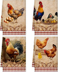 Geyoga 4 Pcs Chicken Kitchen Towels Rooster Dish Hand Towels Farm Animal Cow Vintage Rustic Tea Cloth for Spring Easter Bathroom Farmhouse Decor Gifts, 16 x 24 Inch(Classic Color,Rooster)
