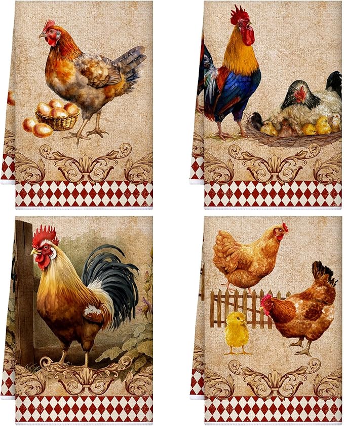 Geyoga 4 Pcs Chicken Kitchen Towels Rooster Dish Hand Towels Farm Animal Cow Vintage Rustic Tea Cloth for Spring Easter Bathroom Farmhouse Decor Gifts, 16 x 24 Inch(Classic Color,Rooster)