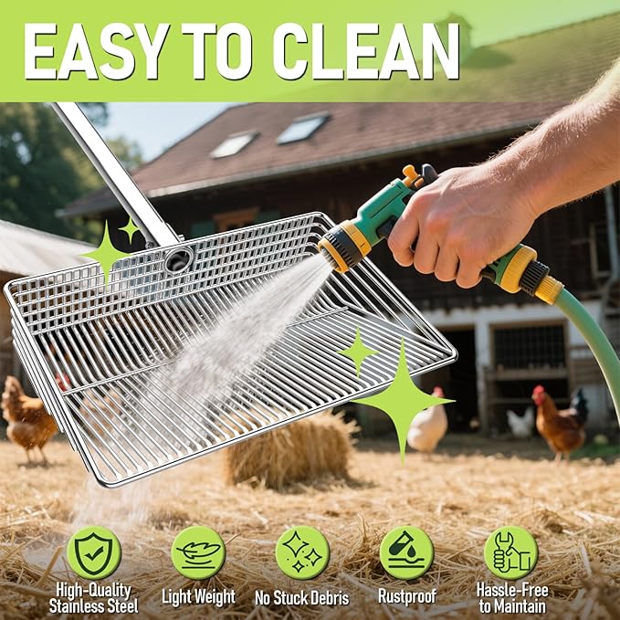 15-inch Metal Extra Large Chicken Poop Scooper, Heavy Duty Chicken Coop Scoop with 36" to 61" Adjustable Stainless Steel Long Handle, Litter Sifting Shovel for Chicken Coop Cleaning