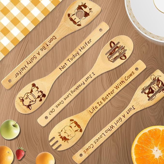 Highland Cow Gifts for Women - Cow Wooden Spoons for Cooking Mothers Day Gifts Bamboo Highland Cow Kitchen Accessories Cow Decor for Cow Lovers Engraved Wooden Cooking Spoons Cow Stuff 5PCS