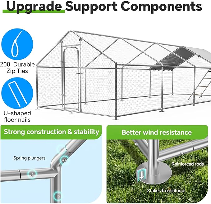 Large Metal Chicken Coop with Roosting Perch, Waterproof and UV Protection Cover, Chicken Run Outdoor Walk-in Cage Chicken Rabbit Duck Hen House for Yard Farm Use Spire Roof (10’ W x 26.2’ L x 6.4’ H)