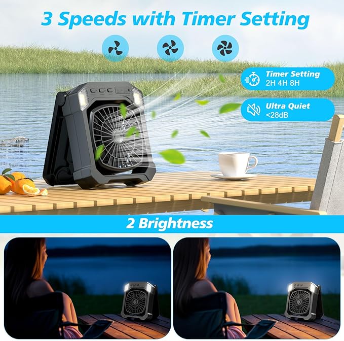 Camping Fan Battery Powered & Solar Powered, Portable Solar Fan 10000mAh Rechargeable Outdoor Fans with Light, Quiet Cordless Fans for Tent, RV, Emergency, Hiking, Power Outage, Desk, Survival Kit